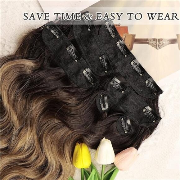 NAYOO Clip in Hair Extensions for Women 20 Inch Long Wavy Curly Ombre Brown to - Picture 4 of 6